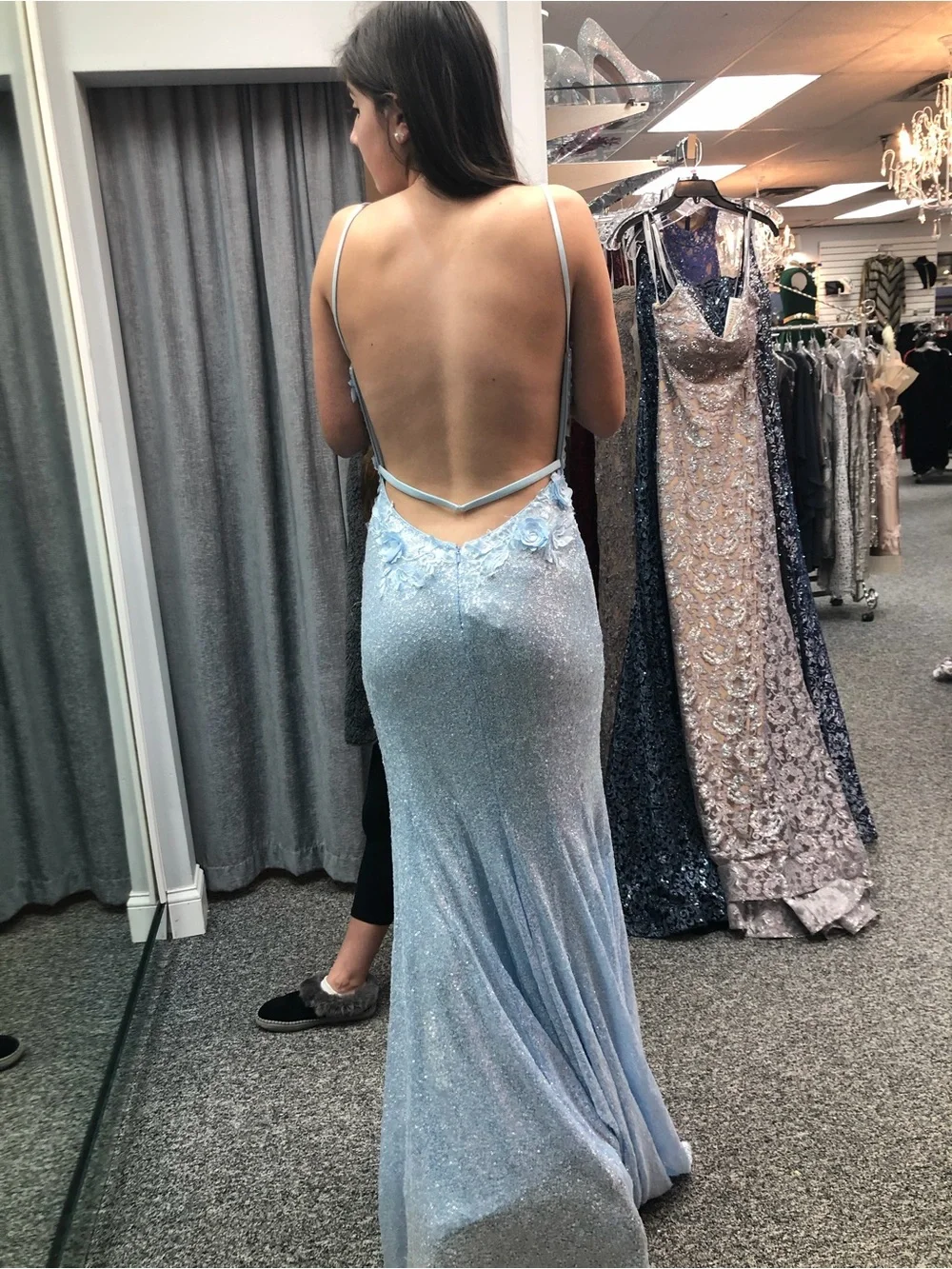 Jovani Light Blue Floral Appliqué Spaghetti-Strap Prom Gown - Picture 7 of 7